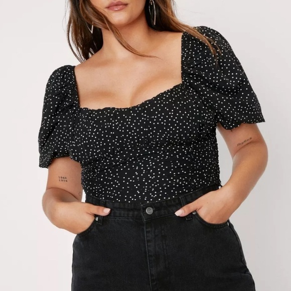 NastyGal Black and White Polka Dot Puff Sleeve Corset Crop Top - Picture 1 of 10